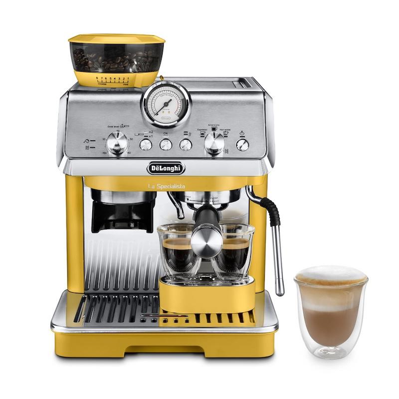 Delonghi La Specialista Arte EC9155.YE Yellow Espresso Coffee Machine with 8 Grind Settings, 3 Temp Levels, MyLatte Art Steam Wand, 15 Bar Pump, 1.5L Tank, 1400W - Built-in Grinder, Pressure Gauge, Drip Tray, Latte Glass