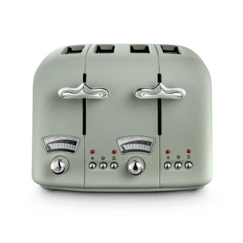 DeLonghi Argento Flora 4 Slice Toaster | Green | Toast Colour | Chrome Details | Defrost | Reheat | Cancel