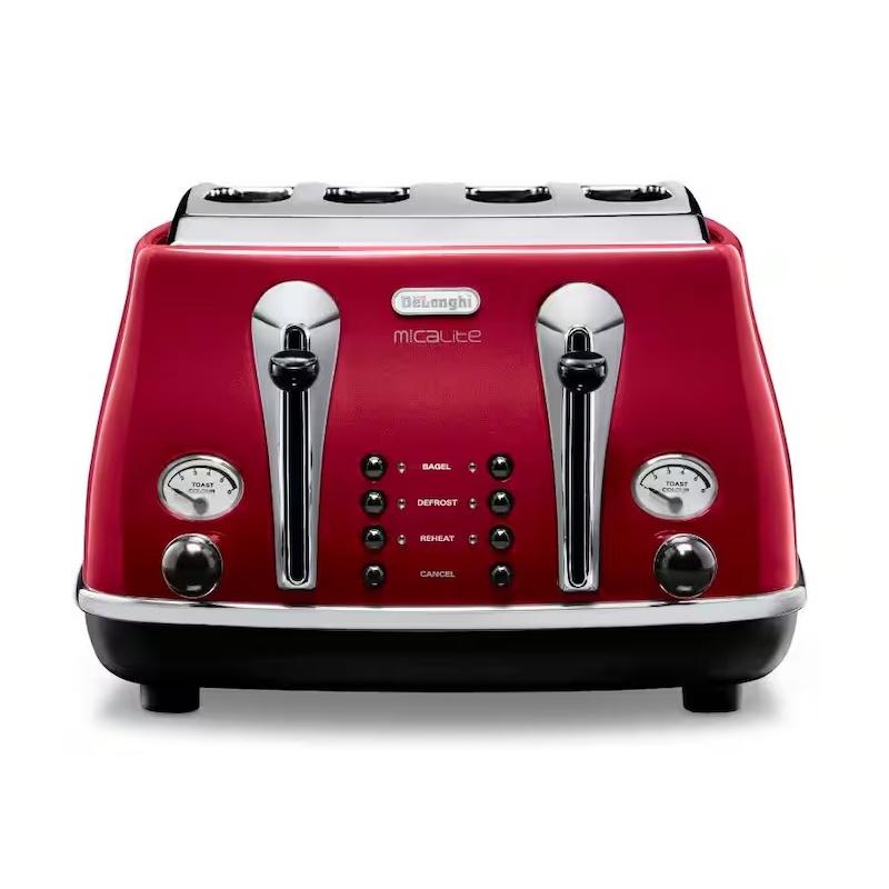 De'Longhi Icona Micalite 4 Slice Toaster Red with Bagel, Defrost, Reheat, Cancel, Toast Colour
