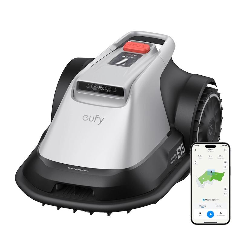 Eufy E15 Robot Lawn Mower - Grey/Black | RTK-Free AI Mapping, 3D Obstacle Avoidance, Edge Trimming, GPS Tracking, 800m² Coverage, 56dB Quiet Operation