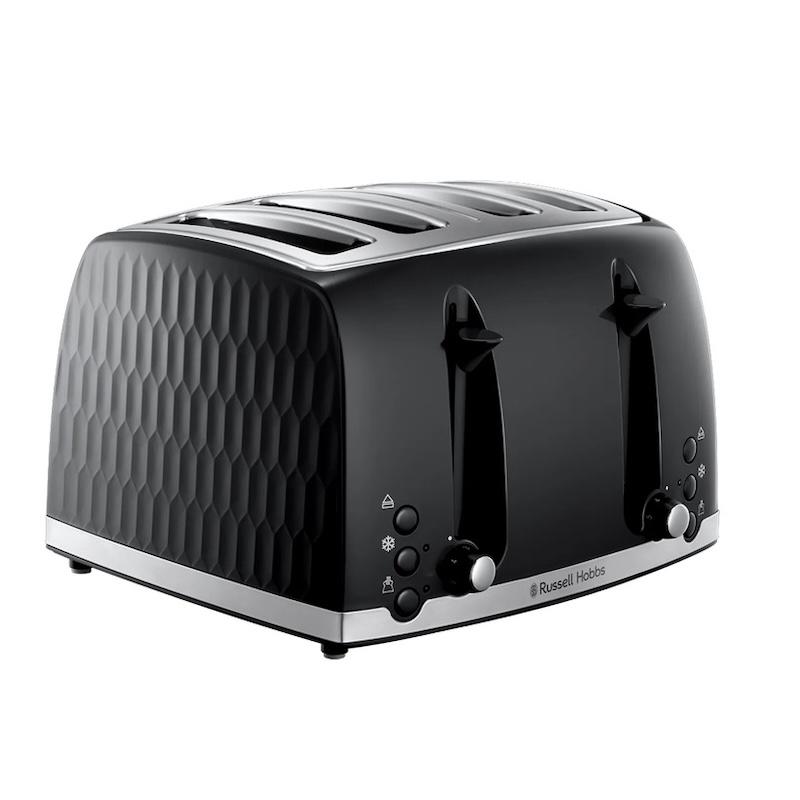 Russell Hobbs Honeycomb 4 Slice Toaster - Black with Extra Wide Slots, High Lift, Bun Warmer, Variable Browning, Frozen, Cancel, Reheat, Removable Crumb Tray, Stainless Steel Accents