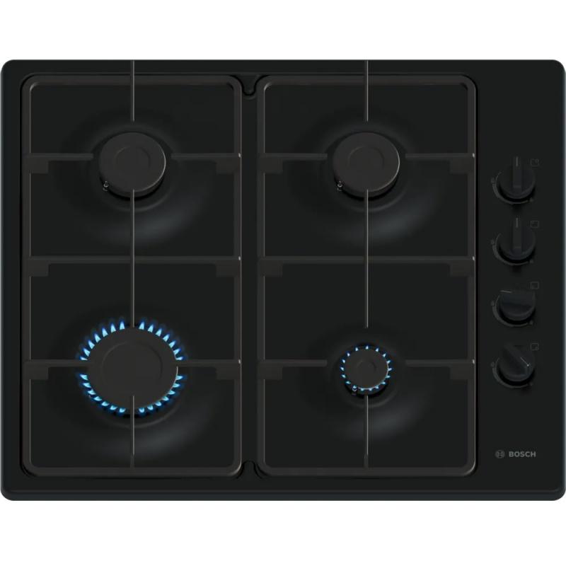Bosch Series 2 60cm 4 Zone Gas Hob Black Enamel with Cast Iron Pan Supports Automatic Ignition Flame Failure Cut-Off