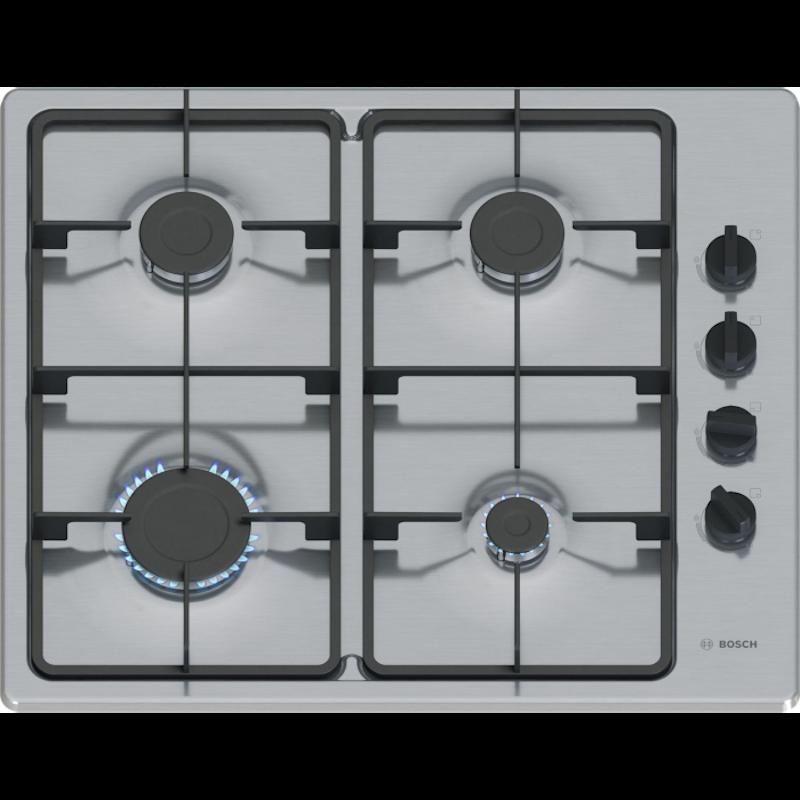 Bosch Series 2 60cm 4-Burner Built-In Gas Hob - Stainless Steel with Flame Failure Safety Device, Cast Iron Supports, and Integrated Ignition