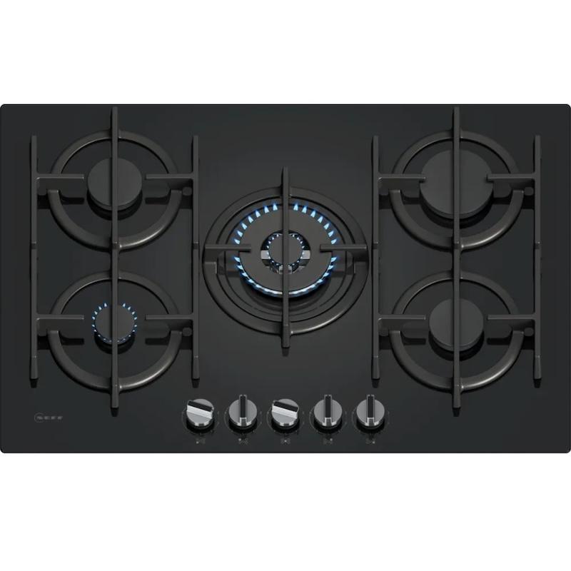 Neff N70 75cm Black Gas on Glass Hob with FlameSelect, Wok Burner, Cast Iron Supports, and Gas Safety Cut-Off