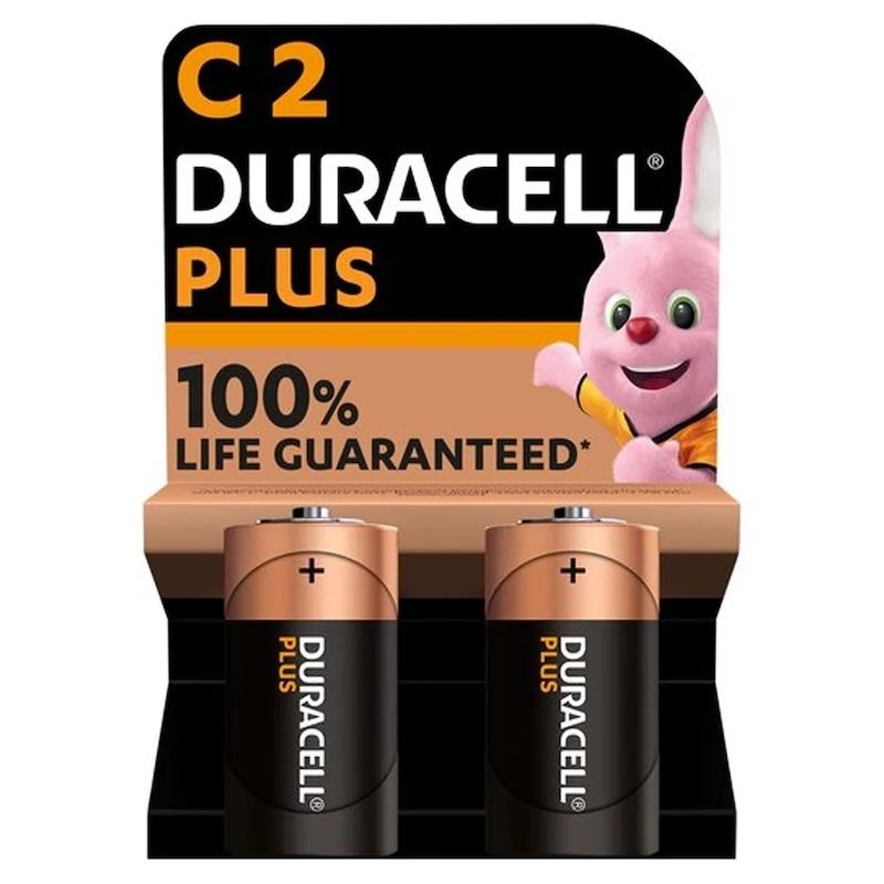 Duracell Plus C Alkaline Batteries 2 Pack 1.5V 100% Life Guaranteed with Pink Bunny Mascot