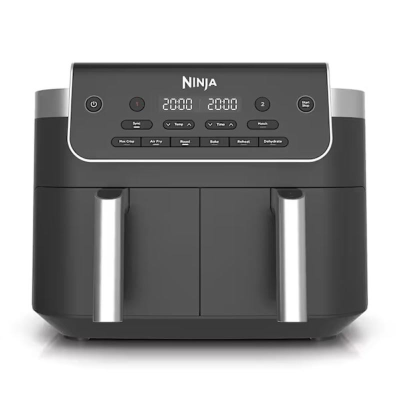 Ninja DualZone 7.6L 2-Drawer Air Fryer Black with 6 Cooking Functions - Max Crisp, Air Fry, Roast, Bake, Reheat, Dehydrate. Features Dual Drawers, Digital Display, Control Panel, Silver Handles.