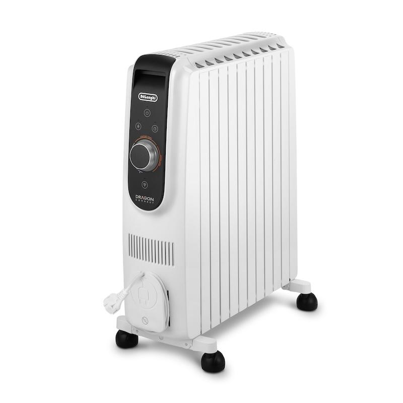 DeLonghi Dragon 5 Connect 10-Fin Wi-Fi Oil Filled Radiator TRD51025WIFI White 2500W Smart App Control ECC Electronic Climate Control 3 Heating Modes Folding Easy Wheels
