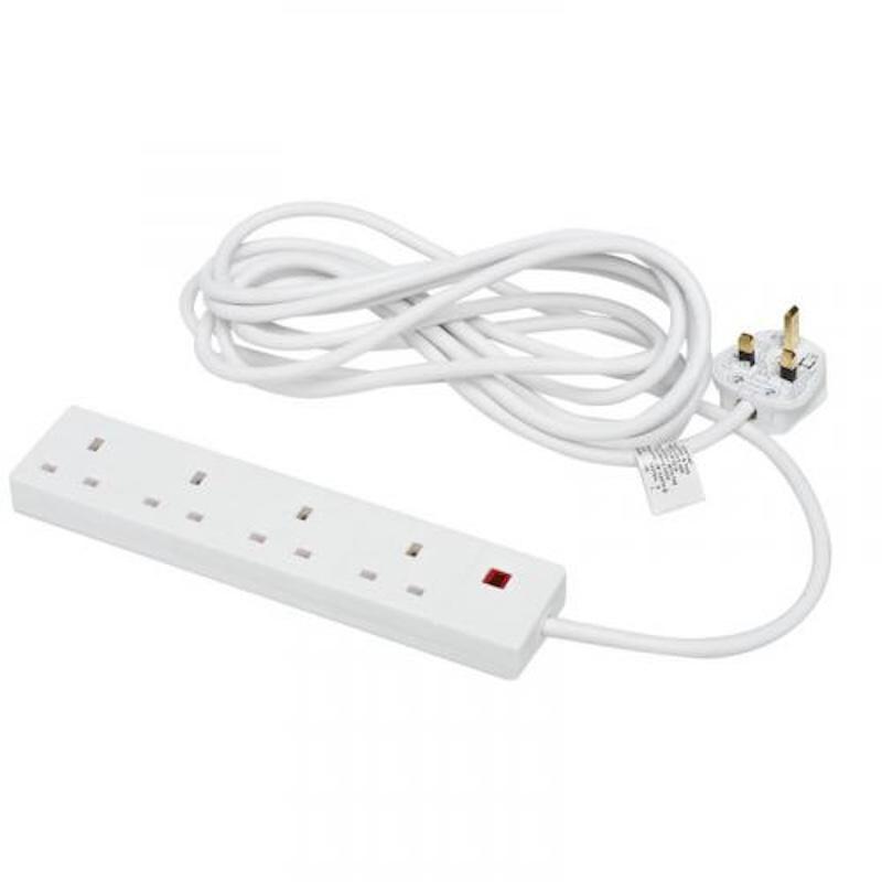 PowerMaster 4 Way Extension Lead 2 Metre with Neon Power Indicator, 13 AMP (250V AC) - White