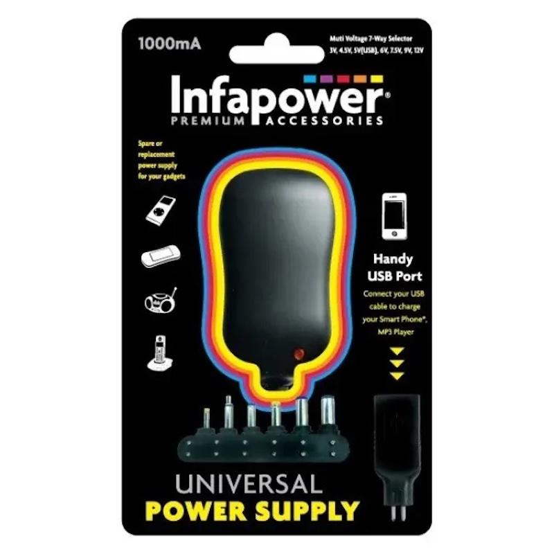 Infapower 1000mA Universal Power Supply with USB Port, 7-Way Selector (3V-12V), Overload & Short-Circuit Protection, 6 Jack Plugs