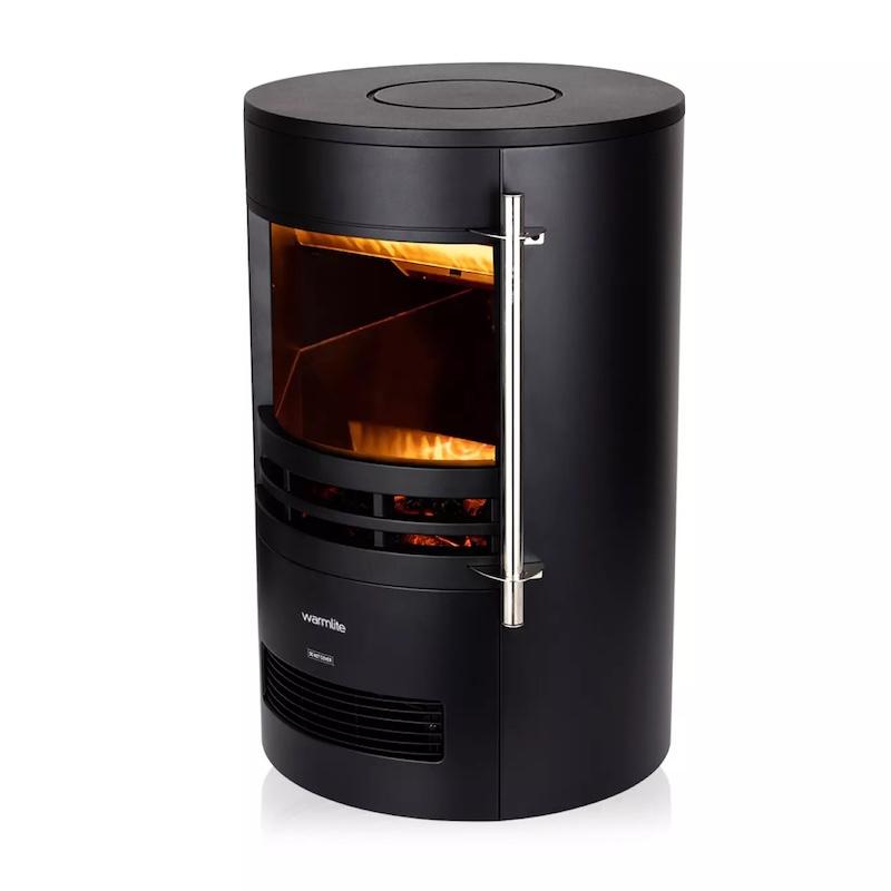 Warmlite Elmswell 2000W Round Contemporary Flame Effect Stove Black with Adjustable Thermostat and LED Flame Effect