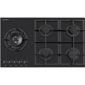 Nordmende 90cm 5 x Burner Gas Hob 1 x Side Wok Burner Cast Iron Pan Supports HGX904BGL - Black Glass