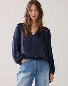 Navy Elastic Hem Satin Blouse