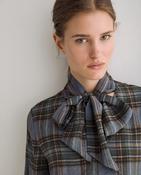 Yerse Neck Tie Blouse, Check Bue/Green/Brown