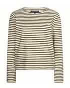 Red Button Terry Stripe Top, Cream/Dark Green