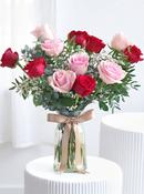 12 Luxury Red and Pink Roses - Vase