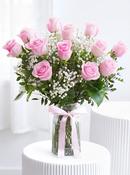 12 Long Stem Pink Roses - Vase