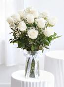 12 Long Stem White Roses - Vase
