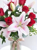 Anniversary Red Roses and Pink Lily - Vase