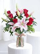 Red Roses and Pink Lily - Vase