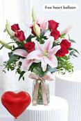 Red Roses and Pink Lily - Vase