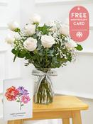 12 Long Stem White Roses - Vase with Free Happy Anniversary Card