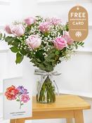 12 Long Stem Pink Roses - Vase with Free Happy Anniversary Card
