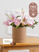 Anniversary Pink Roses and Pink Lily - Hatbox with Chocolate Set