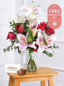 Anniversary Red Roses and Pink Lily - Vase with Chocolate Set