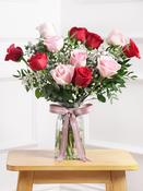 12 Red &amp; Pink Roses with a vase