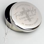 Personalised First Holy Communion Round Trinket Box &amp; Cross Necklace Set - ForYou.ie image