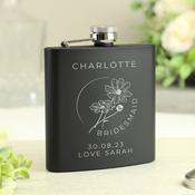 Personalised Monochrome Floral Wedding Party Black Hip Flask - ForYou.ie
