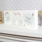 Personalised Hessian Elephant Twins Wooden Block Sign - ForYou.ie