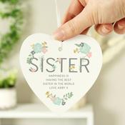 Personalised Sister Floral Wooden Heart Decoration - ForYou.ie