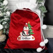 Personalised Christmas Penguin Luxury Pom Pom Red Sack - ForYou.ie image