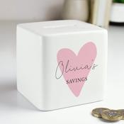 Personalised Pink Heart Ceramic Square Money Box - ForYou.ie