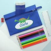 Blue Dinosaur Pencil Case with Personalised Pencils &amp; Crayons - ForYou.ie