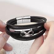 Personalised Men's Silver Infinity Black Leather Stacked Bracelet - ForYou.ie