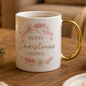 Personalised Pink &amp; Gold Wreath Gold Handled Mug - ForYou.ie image