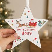 Personalised Santa &amp; Reindeer Wooden Star Decoration - ForYou.ie image