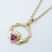 Dainty Sterling Silver claddagh necklace set with red Ruby birthstone