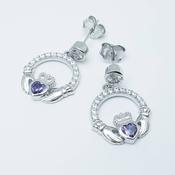 Claddagh drop earrings with purple stone heart, February  birthstone image