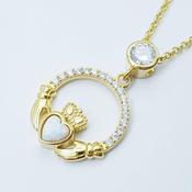 Opal Claddagh pendant, claddagh necklace, yellow gold claddagh pendant October birthstone image