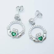 Emerald green claddagh Earrings, Silver Claddagh Earrings, Claddagh drop Earrings image