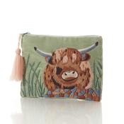 Dougal Highland Cow Embroidered Velvet Pouch