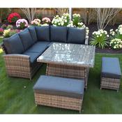 Maldives Garden Table &amp; Sofas Set with Rattan Corner Sofa, Glass Dining Table &amp; Cushioned Stools image