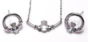 Newgrange Silver Clear Stone Claddagh Pendant &amp; Earrings Set Jewellery Gift Boxed Set image