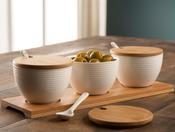 Belleek Ripple 3 Bowls Set with Bamboo Tray, Lids &amp; Spoons – Modern Bowls Collection Serving Set image