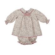 Babidu Beige &amp;amp; Blue Cotton Dress and Bloomers with Leaf Print