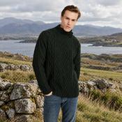 Moyne Mens Aran Forest Green Sweater with Button Collar
