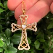 Golden Plated Celtic cross necklace with pearl image